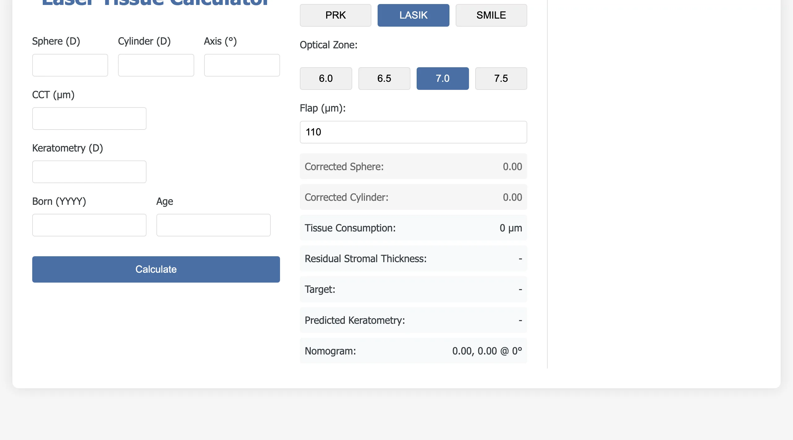 LaserAssist: Laser Tissue Calculator med felt for sfære, sylinder, akse, CCT og keratometri, og beregnet vevsforbruk